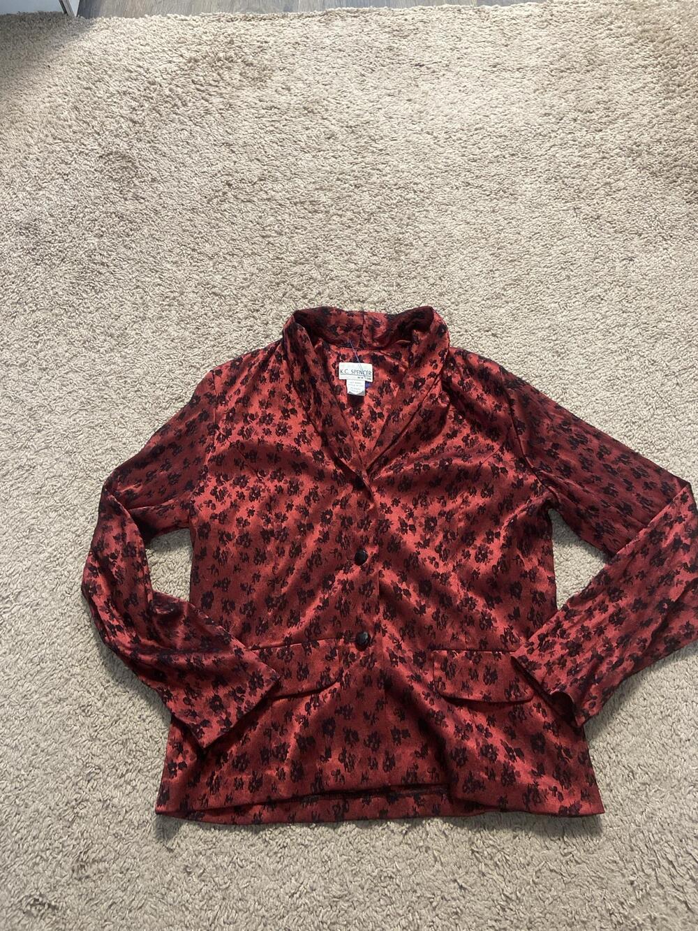 K.C. Spencer Blazer Womens 10 Red Floral Satin Single Breasted Pockets Dressy